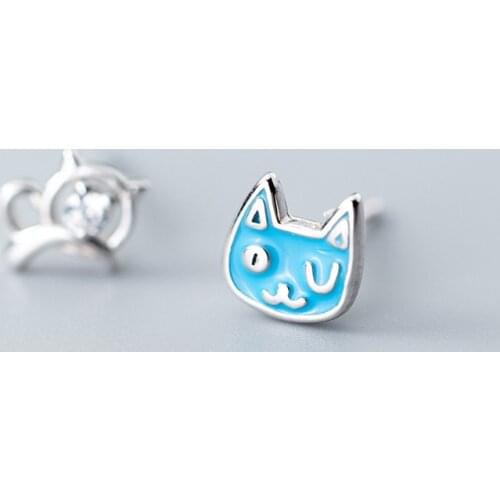 MloveAcc Real 925 Sterling Silver Asymmetry Stud Earrings for Lovely Women Party Cute Blue Tiny Cat Zircon Fashion Jewelry Gift