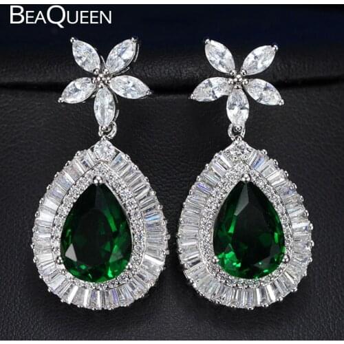 BeaQueen Luxury Big Teardrop Green Cubic Zirconia Crystal Costume Earrings for Women Dinner Party Dress Accessories E022