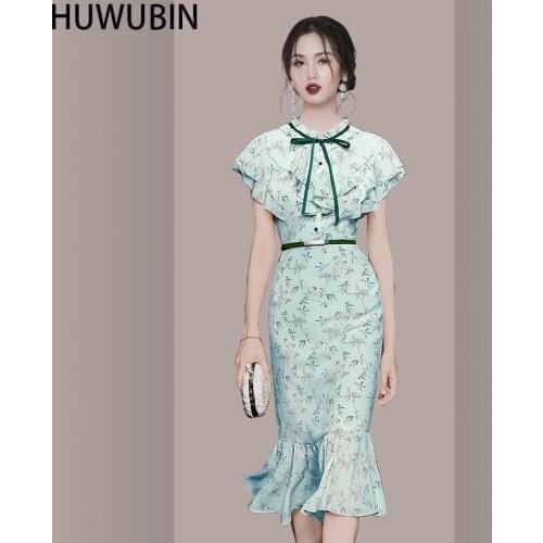 Summer New Womens Round Neck Temperament Slim Chic Chiffon Fishtail Skirt Waist Slim Mid Length With Belt Floral Dress