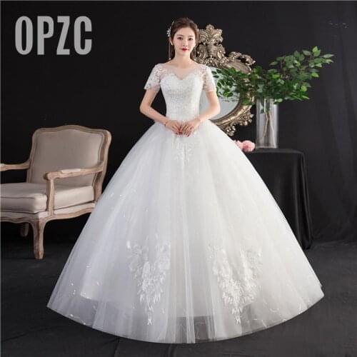 Fashion Elegant O-Neck Short Sleeve Plus Size Wedding Dresses Lace Sequined Embroidery Appliques Vestidos De Novia Bride Gowns