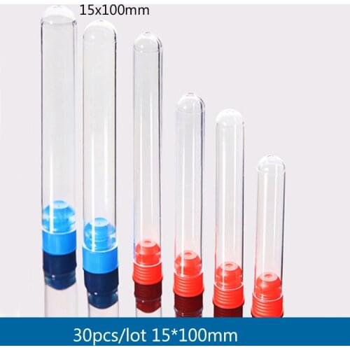 30 pieces/pack 15x100mm Transparency Plastic Test Tube RIA Vials with Cap Laboratory School Lab Supplies