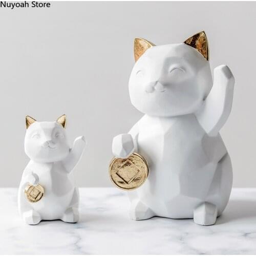 White Resin Lucky Cat Ornaments Geometric Modeling Crafts Ornaments Living Room Home Decoration Accessories Birthday Gifts
