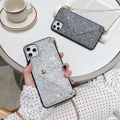 Glitter Rhinestone Card slot wallet Case for iphone 1112Pro XS Max XR X 7 8 Plus Luxury Diamond Crossbody with Metal Chain Cover