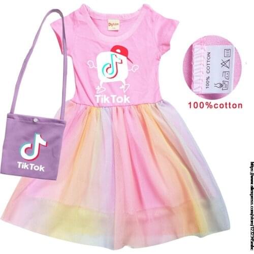 Kids Dresses for Girls Clothes Cotton Toddlers Short Sleeve Casual Dress +Bag Kids Girl Summer Tik Tok Dress Children Clothing