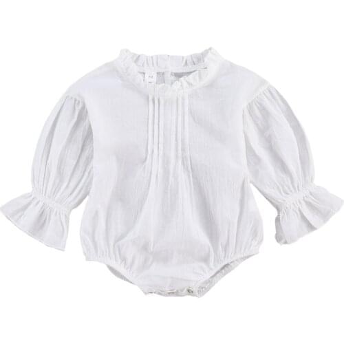 0-24M Newborn Baby Girl Puff Long Sleeve Ruffles Neck Solid White Cotton Romper Jumpsuit Clothes