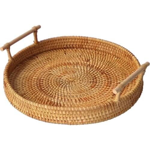 Round Hand-woven Fruit Storage Basket Rattan Bread Serving Handcrafted Tray Wicker Basket Bread Fruit Food Breakfast Display