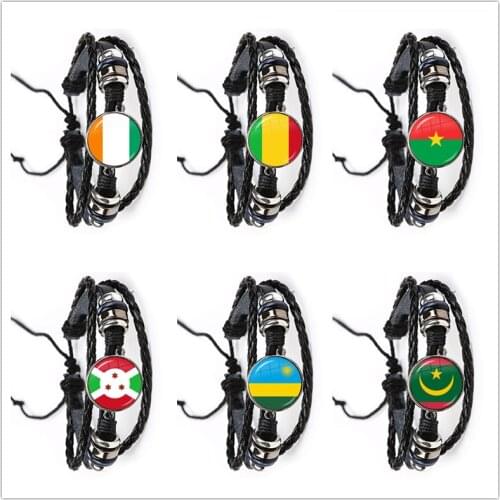 Mauritania,Mali,Rwanda,Coate d'Ivoire,Burundi,Burkina Faso National Flag Leather Bracelet Glass Cabochon Bangle Jewelry Gift