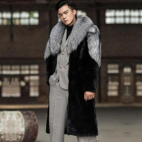 2021 Men Autumn Winter New Long Faux Mink Fur Jackets Men Trench Coat Loose Long Clothes Male Thick Warm Patchwork Outwear O437