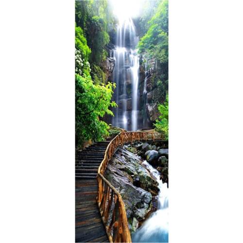 77*200cm Park Waterfall door stickers wooden bridge trail 3d wall art vinyl mural home decor mountain water landscape wallpaper