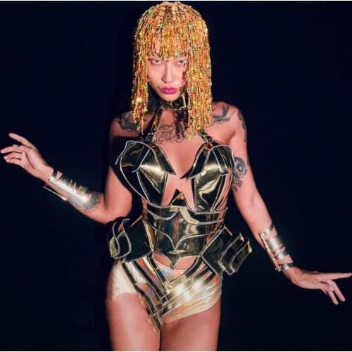 Nightclub Bar DJ DS Costumes Women Gogo Gold Laser Sexy Bodysuit Futuristic Technology Costume Cosplay Festival Outfits DN6631