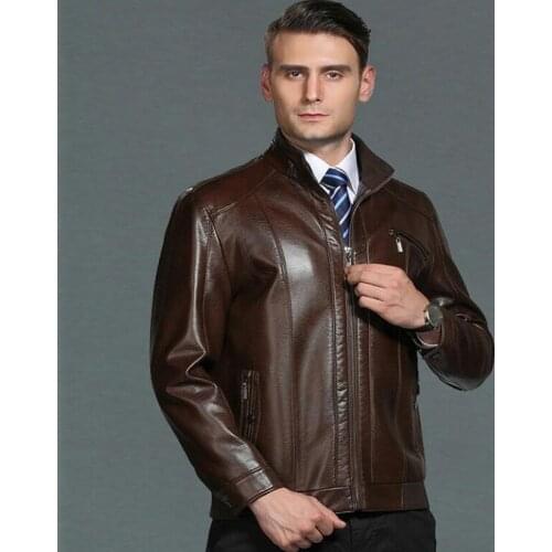 2020 new Spring Autumn Male fashion casual leather Clothing Black Brown leather Jacket Stand collar Leather Coat men Large Size