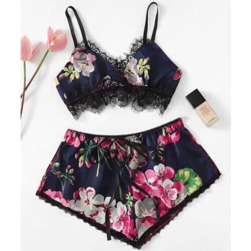 2021 Summer New Women Pajama Set Sexy Satin Sleepwear Women Pyjama Female Fashion Flower Pajamas for Women Lingerie Sleep Lounge