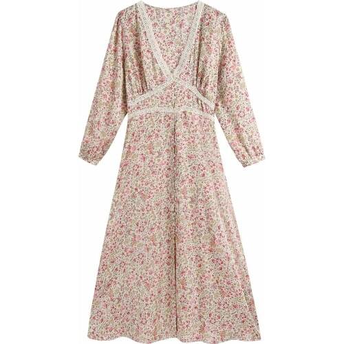 New Women Vogue Single Breasted Floral Printed Midi Dress Long Sleeves V-Neck Elegant Chic Lady Dresses Woman Robe