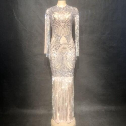 New Mesh Perspective Sparkly Crystals Long Dress Women Evening Party Rhinestones Tassel Dresses Birthday Fringes Stage Costume