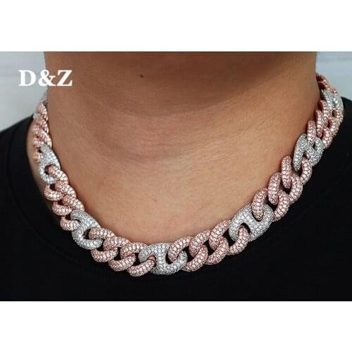 D&Z 15mm Iced Out Cuban Chain 2 Stone Colors Link Chain Box Clasp Necklace Hip Hop Men Fashion Jewelry CZ Stones Hip Hop Rapper
