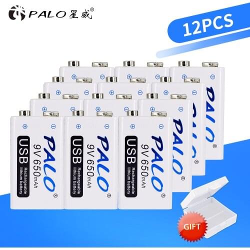 PALO 12pcs USB 9V 6F22 650mAh smart fast charging li-ion Rechargeable Battery 9 volt lithium li ion liion batteries