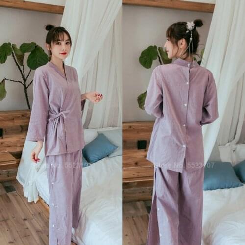 2020 Pure Cotton Japanese Style Sleepwear Sets Spa Sauna Wear Cotton Open Back Message Bathing Pajamas Men Women Kimono Yukata