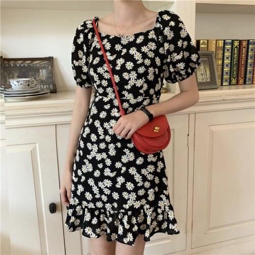 Dress Small Daisy Floral Skirt Summer Dress New Sweet Puff Sleeve Slim Slimming Chiffon Dress Female