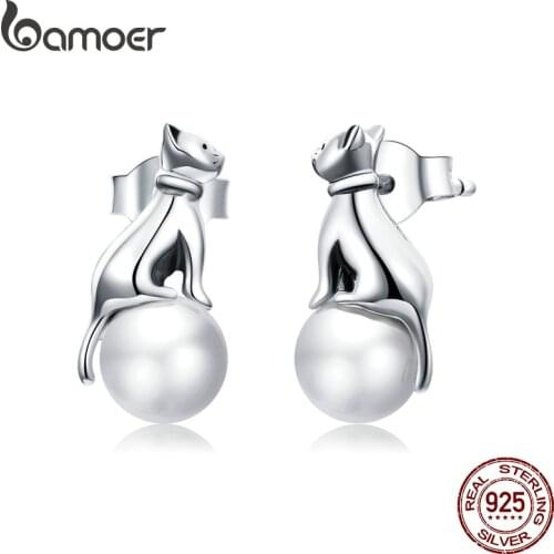 Bamoer Silver Cute Cat Stud Earrings 925 Sterling silver Gentle Animal Earring For Women Wedding Engagement Shell Pearl SCE1004