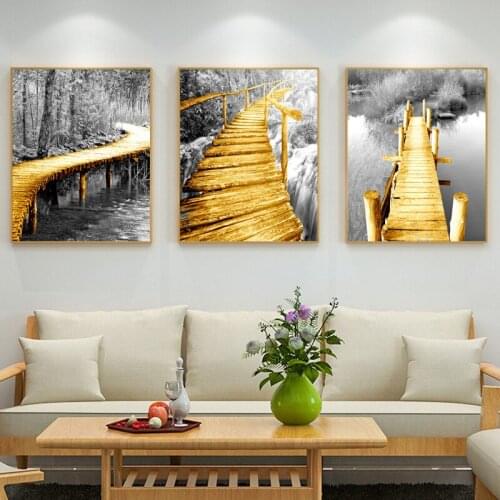 Nordic Modern Gold Suspension Bridge Landscape Canvas Painting Creative Decoration Hanging Painting Living Room Home Decoration