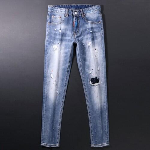 Fashion Streetwear Men Jeans Retro Light Blue Italian Style Vintage Ripped Jeans For Men Painted Designer Slim Fit Hip Hop Pants