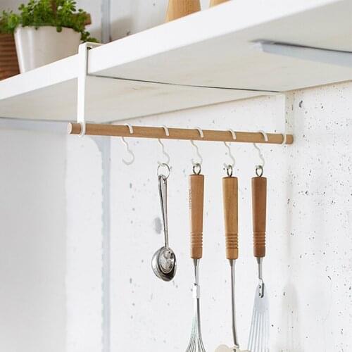 Japanese Wood Iron Storage Rack with 5 Hooks Cleaning Brush Holder Home Storage Organizer Kitchen Tool For Cups Spoon Shovel