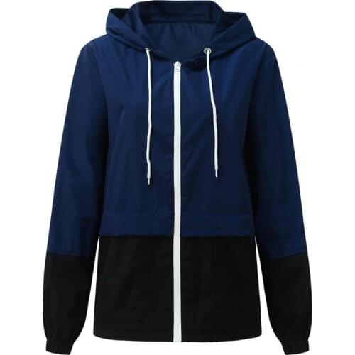 Women Hooded Jacket Solid Color Drawstring Windproof Windbreaker Long Sleeve Zipper Pockets Female Raincoat for Hiking