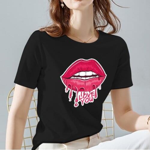 Women Tshirts Funny and Charming Lips Pattern Series Female Tops Black All-match Commuter Ladies Short Sleeve Womens Clothing
