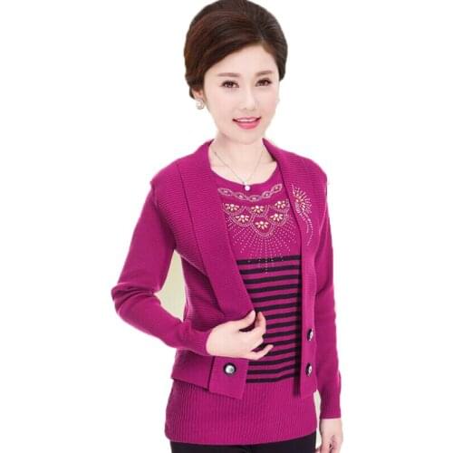 Middle-aged and Elderly Womens Sweaters Pullover New 2020 Spring Diamond Fake Two Knitted Sweater Coat Top Bottoming Shirt 1932