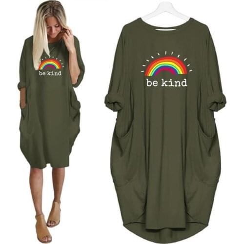 Women Casual Loose Dress With Pocket Be Kind Letters Rainbow Print Clothing Maxi Summer Beach Floral Cheap Clothes Plus Size 5XL
