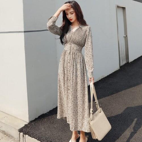 Bella philosophy Vinatge Single-breasted V-neck Floral A-line Women Dress Full Sleeve Elastic Waist Chiffon Midi Female Dress