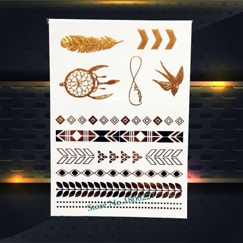 1PC Fashion Gold Brown Metallic Tattoo Feather Swallow Dreamcatcher Design Temporary Tattoo Sticker Summer Beach Bracelet PYH048