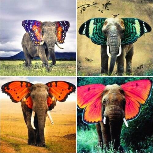 AZQSD Full Square Diamond Painting Elephant Butterfly Diamond Embroidery Animal Mosaic Rhinestones Handmade Home Decoration