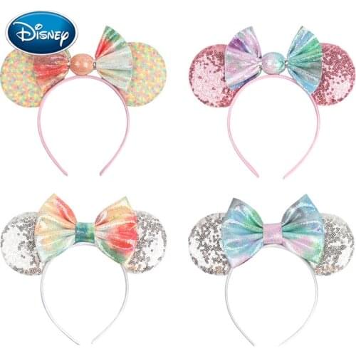 Disney New Arrival Christmas Rainbow Leather Padded Candy Hair Bow Sequins Mouse Ears Hairband Festival Women Headband Headwear