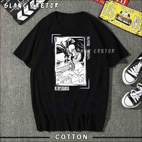 Demon Slayer MenS T Shirt Retro Cartoon Men Cotton Tees Tops Anime Harajuku Streetwear Manga Printed Tee