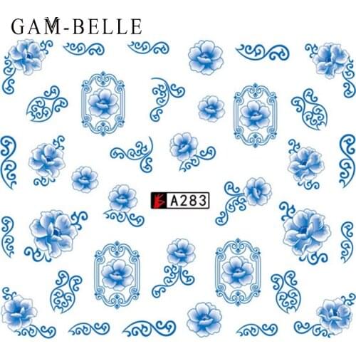 GAM-BELLE 1 Pc Water Transfer Nail Art Sticker Blue Flower Vine Vintage Christmas Nail Decals DIY Beauty Tattoo Manicure Tools