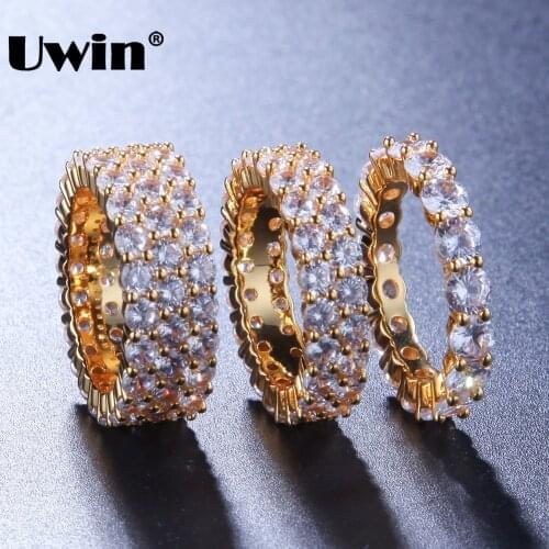 Uwin Cubic Zirconia Iced Out Tennis Rings For Men 1 row/2 row/3 row Wedding Ring Gold Silver Color Elegant Fashion Jewelry