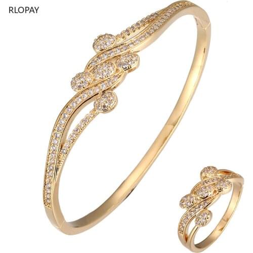 Trendy Bracelets Bangles for Women Tension Mount Ladies Hand Bangles Luxury Leaves Bangle Ring Set for Bridal