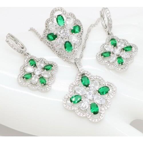 Green Cubic Zirconia Sterling Silver Trendy Pendant Necklace Earring and Ring Jewelry Sets for Ladies Fashion Gift