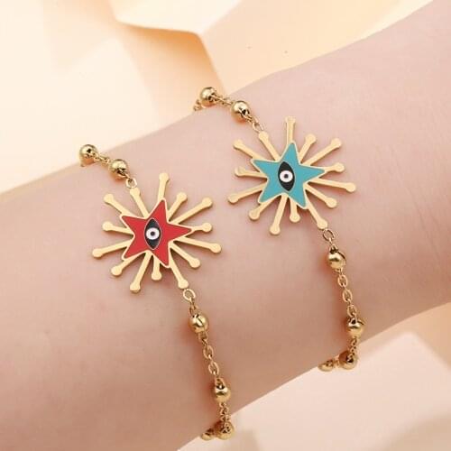 Creative Stainless Steel 2 Color Pentagram Turkish Evil Eye Bracelet For Women Charm Bead Bracelet Jewelry 2020