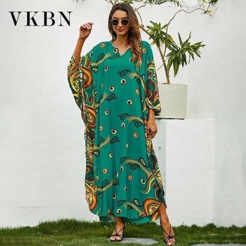VKBN Summer Dress Casual 2021 V-Neck Batwing Sleeve Fashion Printing Loose Party Plus Size Evening Green Maxi Dress