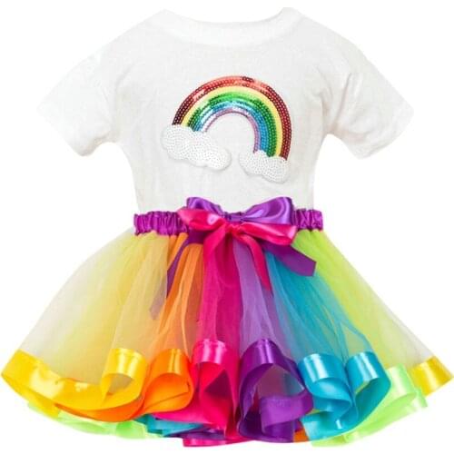 Summer Baby Girls Clothes Set Infant Rainbow Printing Top T Shirt + Rainbow Mesh Tutu Tulle Skirts 2pcs Kids Girl Party Outfits