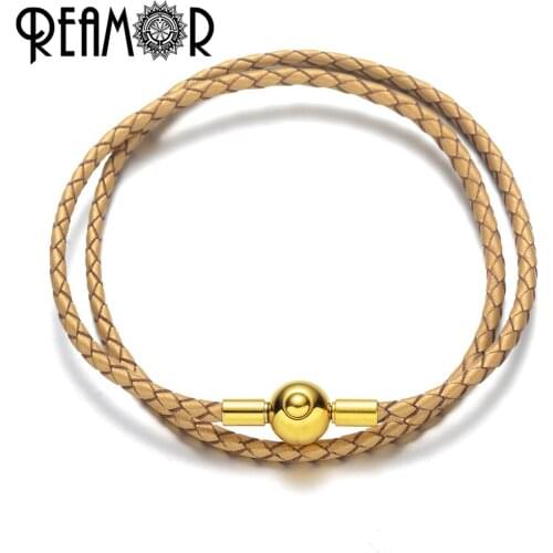 REAMOR Trendy Double Layers Genuine Leather Chain Bracelet For Women European Heart Snap Clasp Bracelets Bangles DIY Jewelry