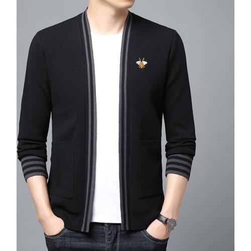 Bee Embroidery Knitted Cardigan Men Autumn Long Sleeve Slim Fit Sweater Coat Business Casual Sweatercoat Streetwear Men Clothing