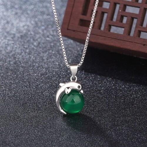 Natural Green Jade Chalcedony Dolphin Agate Pendant 925 Silver Necklace Chinese Carved Fashion Charm Jewelry Amulet for Women