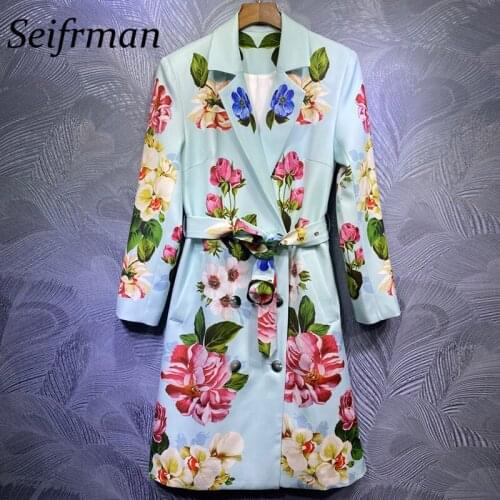 Seifrmann Women Autumn Fashion Designer Trench Coats Bow Sashes Pockets Long Sleeve Floral Print Ladies Warm Coats Outerwear