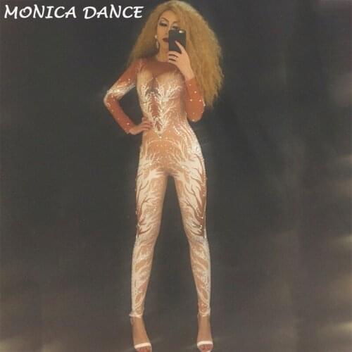 Sexy Sparkly Skin Crystals Jumpsuit Prom Performance Outfit Party Celebrate Costume Bodysuit Stage Wear Rompers