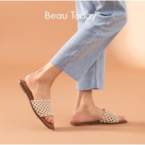 BeauToday Women Slippers Microfiber Leather Weave Square Toe Slip On Summer Outdoor Casual Ladies Flat Shoes Handmade 36205