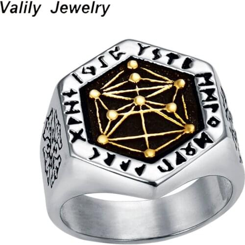 Valily Nordic mythology Viking Rune Ring Stainless Steel Kabala Totem Compass Ring for Man Hexagon Geometric Jewelry