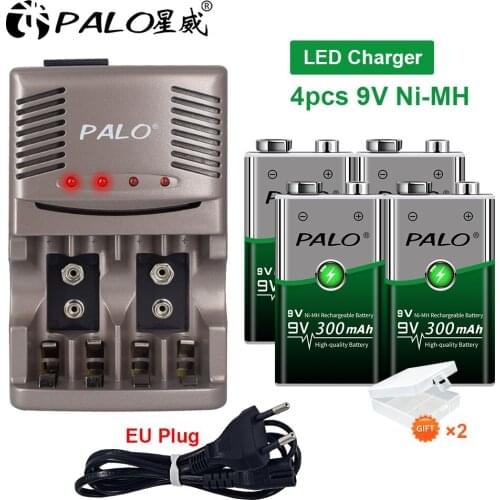 PALO Smart battery Charger For AA AAA Rechargeable Batteries NI-MH 9V 6F22 Battery+4pcs 9V 300mah batteria Battery For Carmera